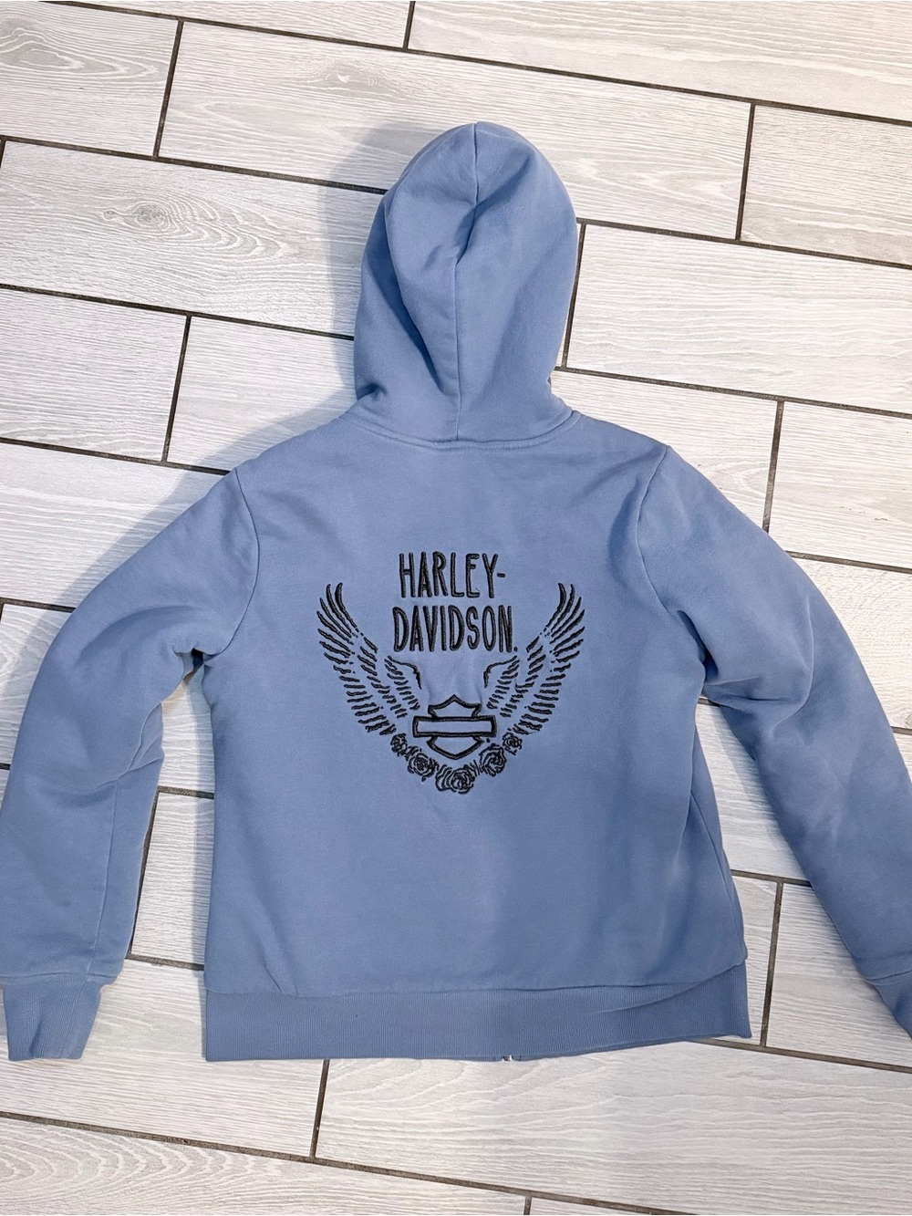 Harley-Davidson Women’s Sherpa-Lined Zip Hoodie Blue Embroidered Wings Full Zip - Picture 3 of 13